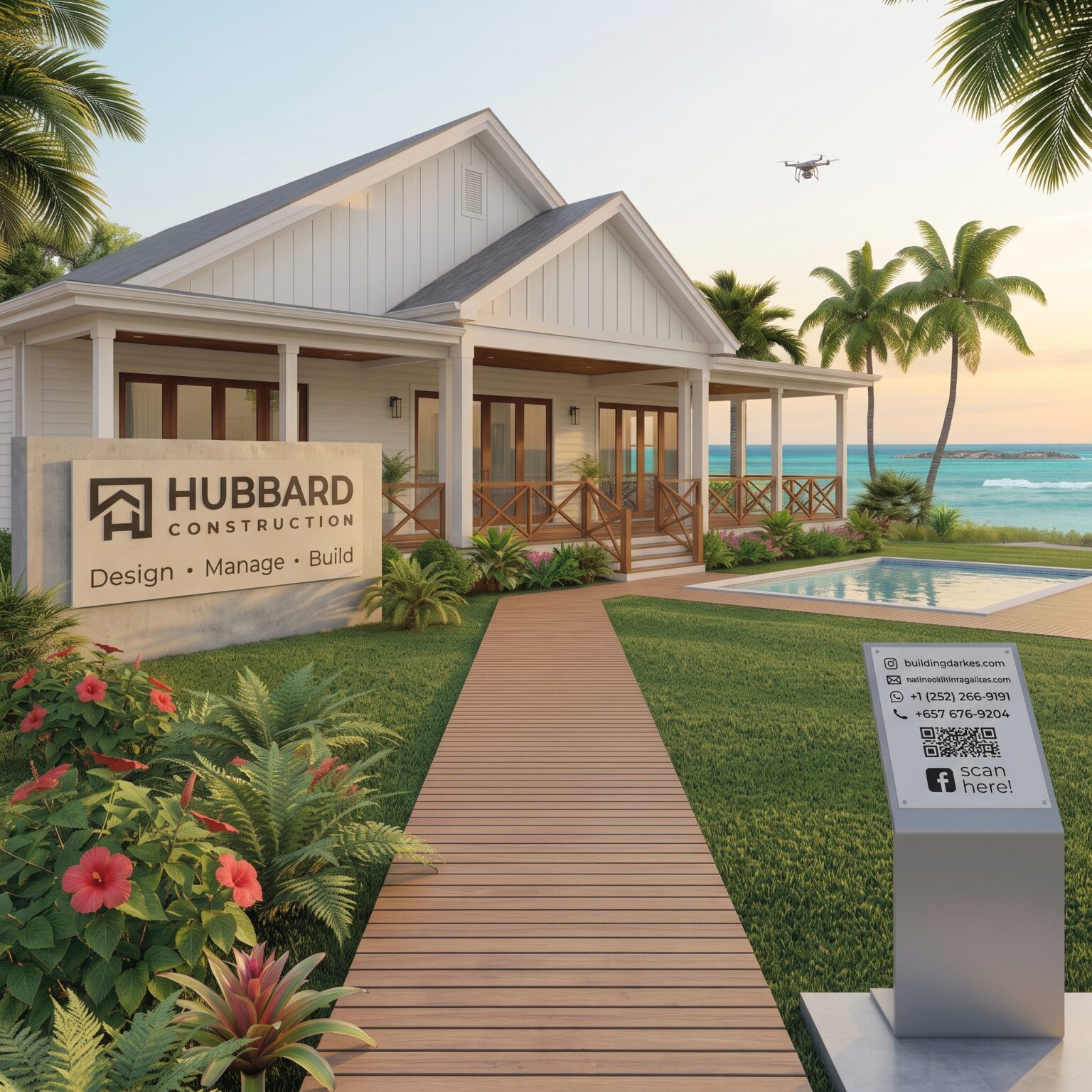 Hubbard Construction sign in front of a white coastal home with a wraparound porch, pool and view of the Caribbean Sea