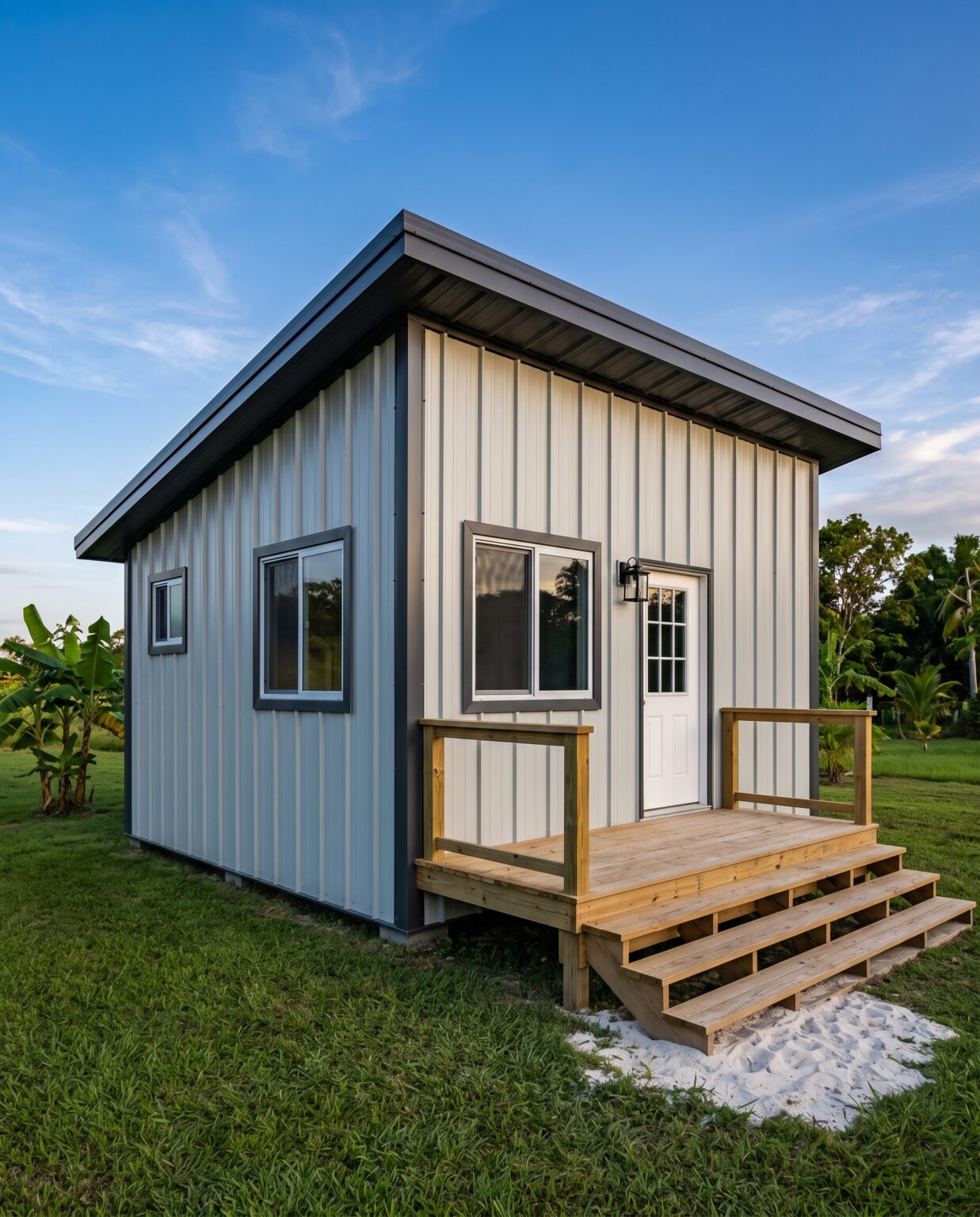 Steel clad cottage with light grey vertical metal siding, dark trim, a slanted roof and a wood entry deck